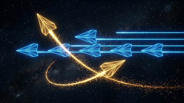 Conceptual image of a golden paper plane breaking away from a group of blue paper planes in space