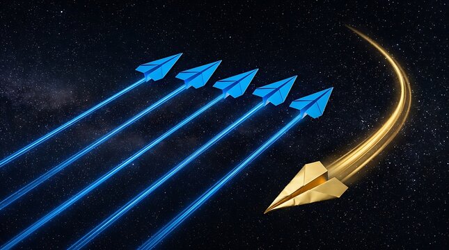 Golden paper plane changing direction and breaking away from the group of blue paper planes in space