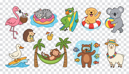 Summer Animals Beach Vacation Set Cute Cartoon Characters Flamingo Dog Surfing Swimming Vector Illustration © MDHABIBUL