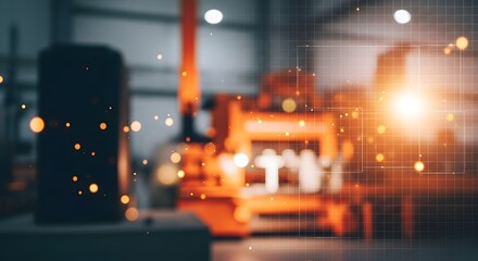 Fototapeta premium Industrial manufacturing factory interior with blurred heavy machinery, glowing sparks, and digital grid overlay representing smart technology