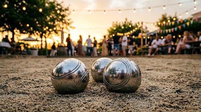 Bocce balls on a sandy court at an outdoor evening social gathering