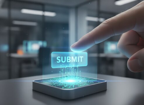 Finger pressing holographic 'SUBMIT' button on futuristic device in modern office with ambient blue lighting.