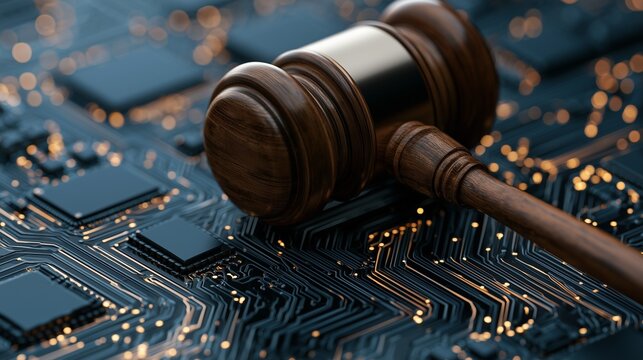 Wooden judge gavel placed on a circuit board representing cyber liability risk and legal responsibility for digital breach.