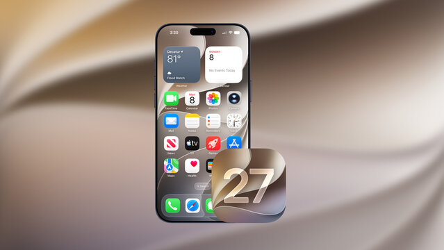 Apple iOS 27 operating system, showcasing a smartphone home screen with app icons, widgets, and the version number twenty-seven against a soft abstract background.
