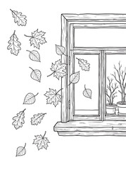 Fototapeta premium Autumn leaves falling outside a window with potted plants on the sill, coloring page for adults and children
