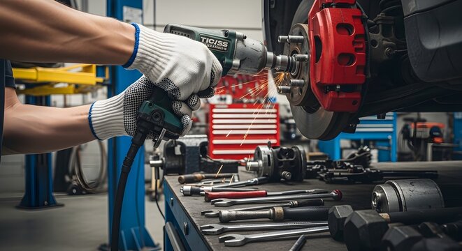Mechanic using an impact wrench to remove lug nuts from a car wheel hub in an auto repair shop with various tools on a workbench in foreground