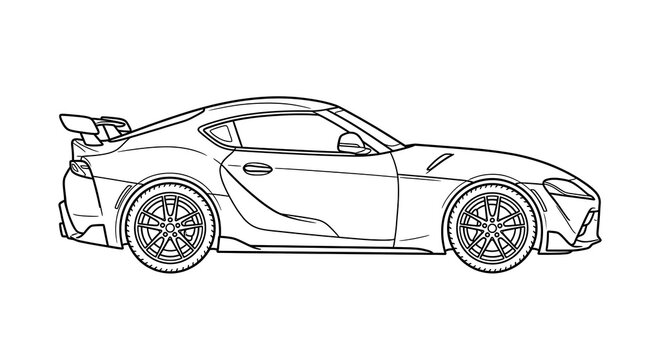 Black and white line art of a modern sports car automobile
