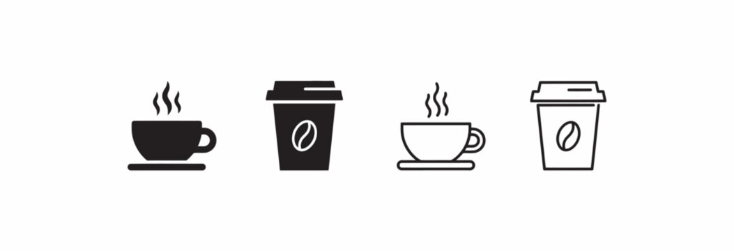 Coffee cup and takeaway cup icons in solid and outline styles for cafe menu and design