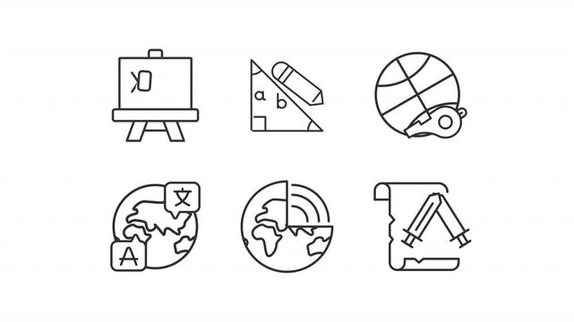 Animated school subjects line icons. Education system branches animation set. Student knowledge development. Learning process. Outline elements on white background. HD video with alpha channel