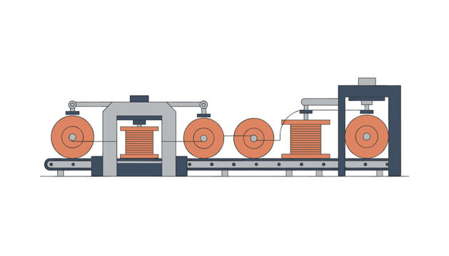 Industrial production machinery featuring cable spooling equipment on a motorized conveyor belt for manufacturing electrical wires in a facility.