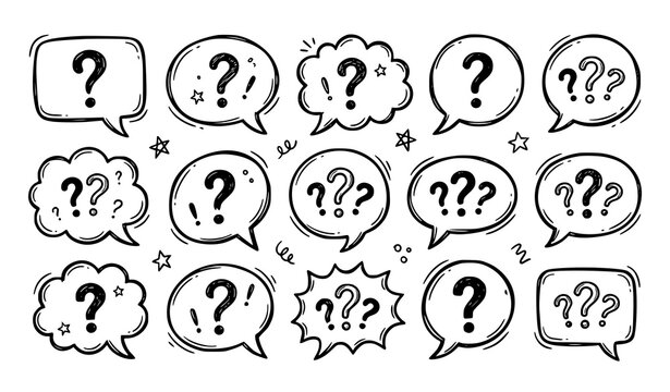 Hand Drawn Question Marks in Speech Bubbles Doodle Style Vector Collection