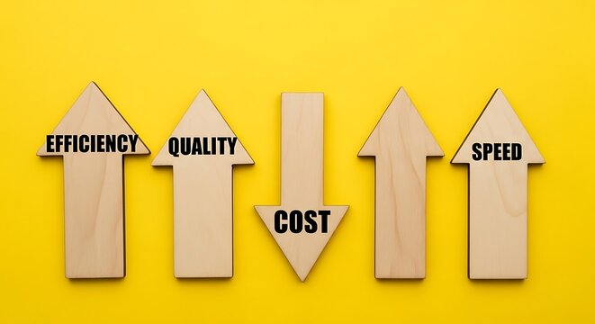 Business efficiency and cost reduction concept, wooden arrows with quality and speed text, financial optimization strategy on yellow background