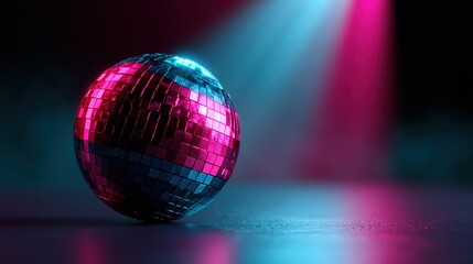 Obraz premium Disco ball illuminated by neon cyan and magenta beams in dark studio