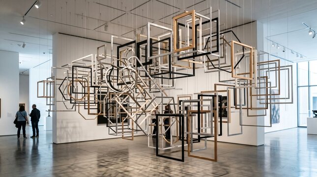 Contemporary art installation of hanging picture frames, abstract geometric sculpture in a modern museum gallery, minimalist interior design concept