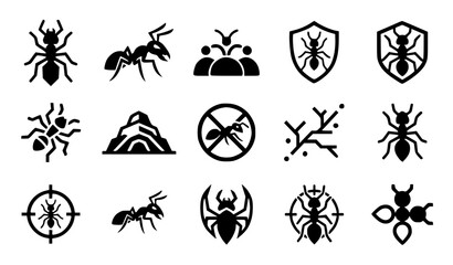 Obraz premium Modern abstract ant symbol vector clipart set with minimalist clean outline pest control insect and teamwork logo graphics black and white
