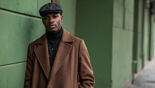 Stylish man in flat cap and brown coat leaning against green wall, urban fashion, sophisticated look