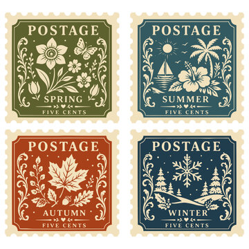 Vintage postage stamp collection with seasonal motifs including spring summer autumn and winter landscapes.