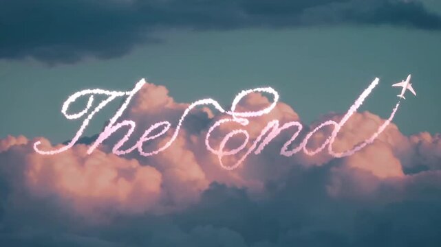 Cinematic Skywriting The End Outro, Airplane Writing in the Clouds Ending, Aesthetic Sunset Sky Video Outro, Travel Vlog Conclusion Screen, Animated Airplane Sky Writing Final Frame