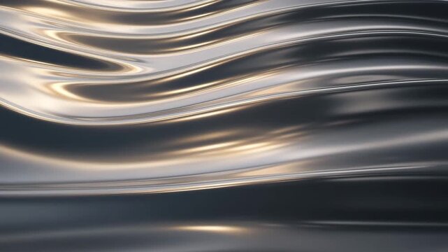 Abstract liquid metal background: smooth flowing silver waves with golden reflections 4K Ai HD high quality video.