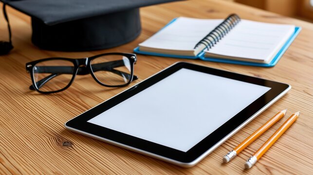 Adult education desk setup with graduation cap, digital tablet, planner and glasses