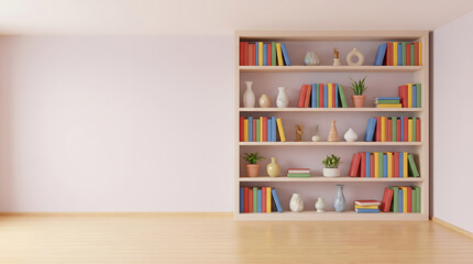 Fototapeta premium Wooden bookshelf filled with colorful books and decorative items in a minimalist interior