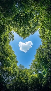Vertical low angle shot looking up at green tree canopy framing a blue sky with a heart shaped cloud