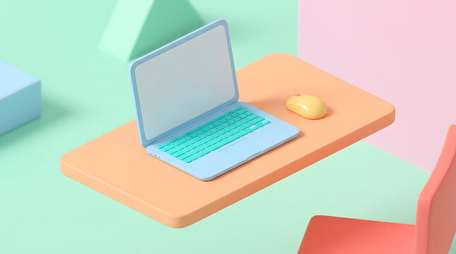 Light blue laptop placed on orange desk with pastel background and yellow mouse