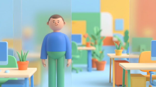 3D illustrated male character standing in a modern colorful office interior with desks plants and computers