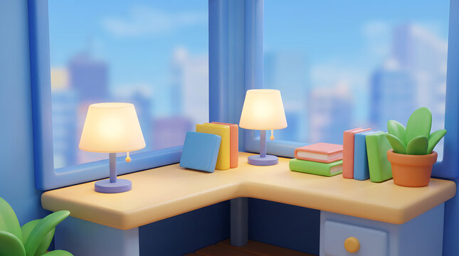 A cozy corner desk by a blue window with lamps books green plants and soft lighting