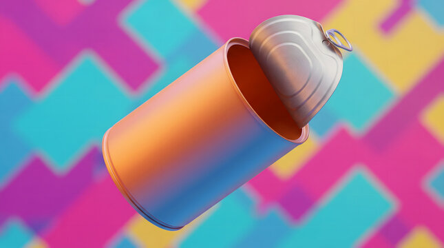 An open metallic can with gradient colors against a vibrant geometric background