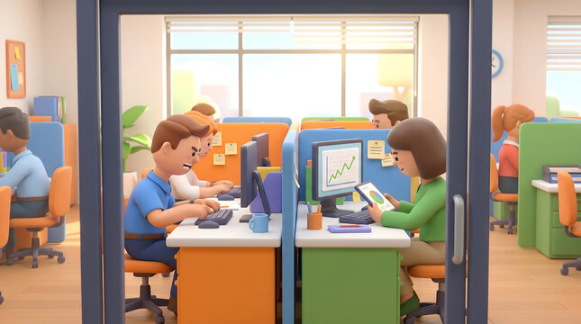 Office workers using computers at their desks in a modern collaborative workspace