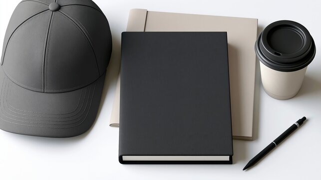 Continuing education essentials with cap, blank certificate folder and coffee cup on white desk