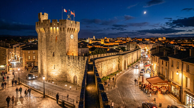 Gran torre de piedra medieval y muralla romana iluminadas bajo el cielo nocturno, integradas en el paisaje urbano de la ciudad