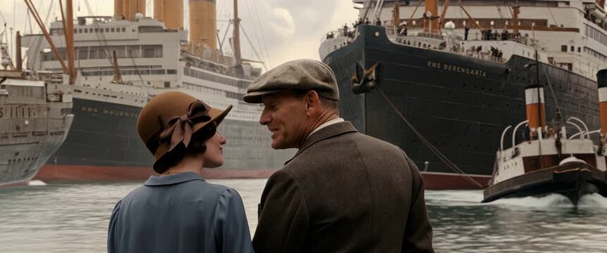 Family awaiting loved ones arriving on RMS Berengaria in Southampton Harbor, cinematic depiction inspired by archival photographs