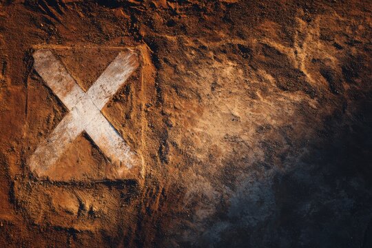 Close up of large white x mark painted on rough distressed textured surface with warm tones distressed abstract weathered industrial material close-up background concrete lighting contrast