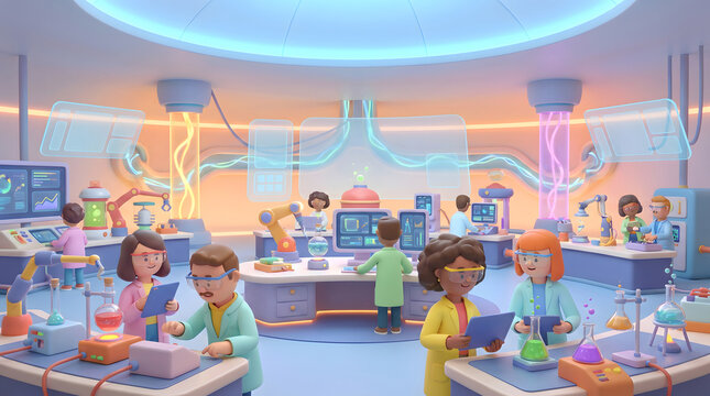 Cartoon style children conducting science experiments in a modern laboratory setting