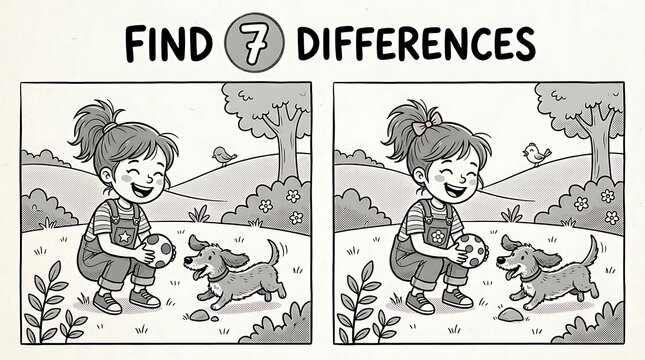 Find 7 differences game with a girl and a dog find differences