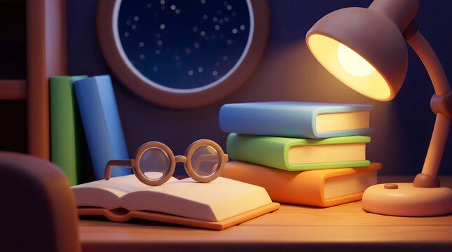 Desk lamp illuminating stacked books and reading glasses on a wooden table at night