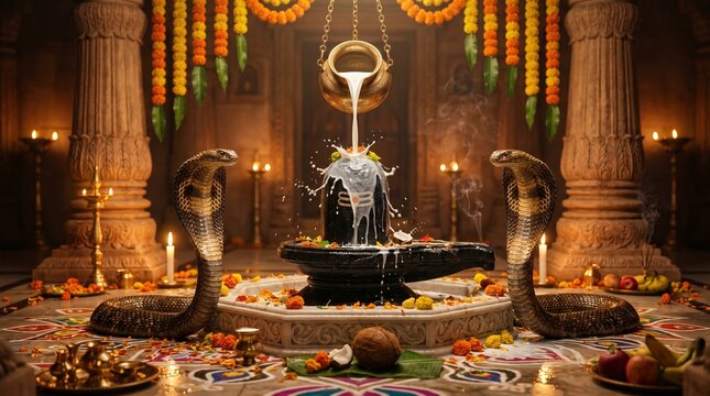 Two cobras pouring milk over a Shiva Lingam during a sacred ritual for Nag Panchami, symbolizing divine blessings and protection with offerings and decorative happy