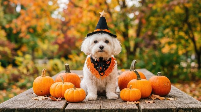 Halloween background with white dog wearing witch hat and surrounded by pumpkins
