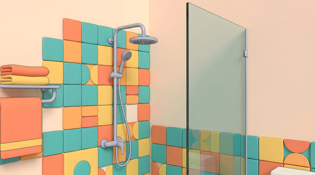 Colorful square tile bathroom with shower enclosure and modern fixtures