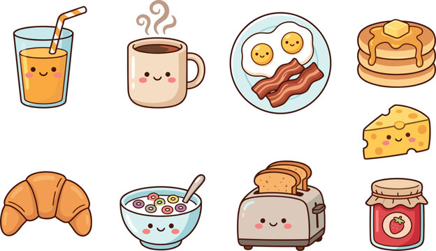 Kawaii breakfast food vector illustration set with cute smiley faces featuring orange juice coffee mug eggs bacon pancakes croissant cereal toaster cheese and strawberry jam