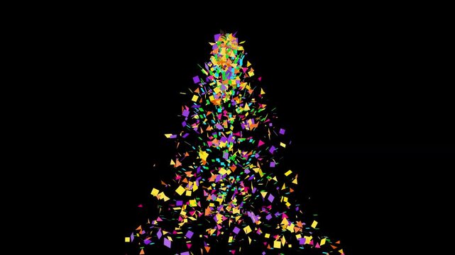 Colorful paper confetti fountain explosion from bottom center on black background for party festive video overlay