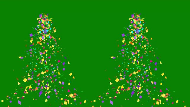 Colorful paper confetti dual fountain explosion from two bottom corners on green background for celebratory video overlay