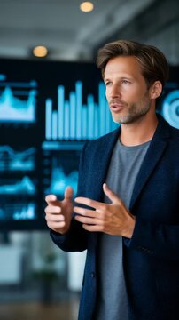 Confident young businessman giving a presentation in a modern office, standing in front of digital data charts. He gestures expressively while explaining analytics trends to colleagues