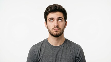 Obraz premium Young man looking up with surprised expression on plain background isolated on white background