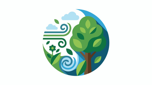 A stylized circular graphic depicting a tree waves and swirling wind symbolizing environmental harmony