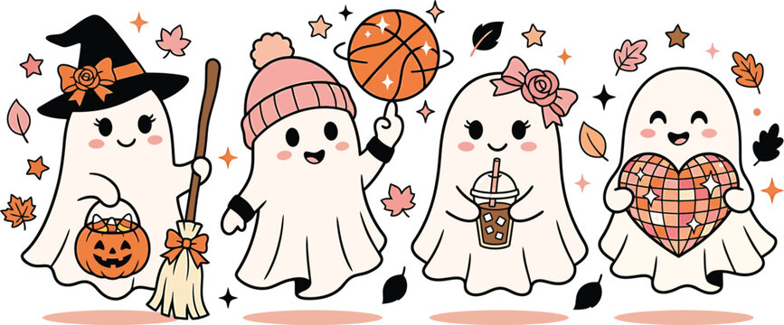 Halloween shirt vector cute ghost characters with autumn elements for spooky season apparel design