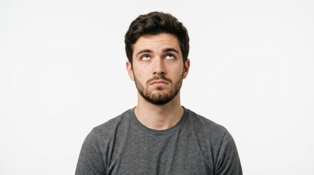 Young man looking up with surprised expression on plain background isolated on white background