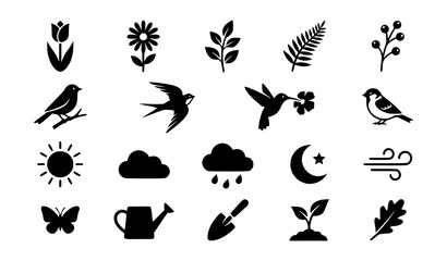 Obraz premium Assorted Nature Silhouette Icons Set Flowers Birds Weather Plants Black Vector Illustration